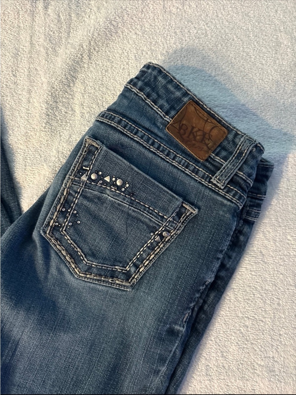 BKE Women's Blue Boot Cut Jeans with Studded Back Pocket